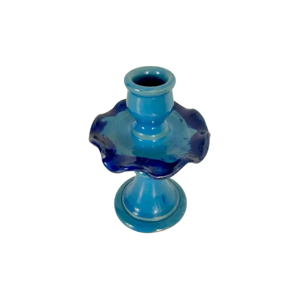 Handmade Vintage Blue Ceramic Studio Pottery Candlestick Ruffled Scalloped Taper